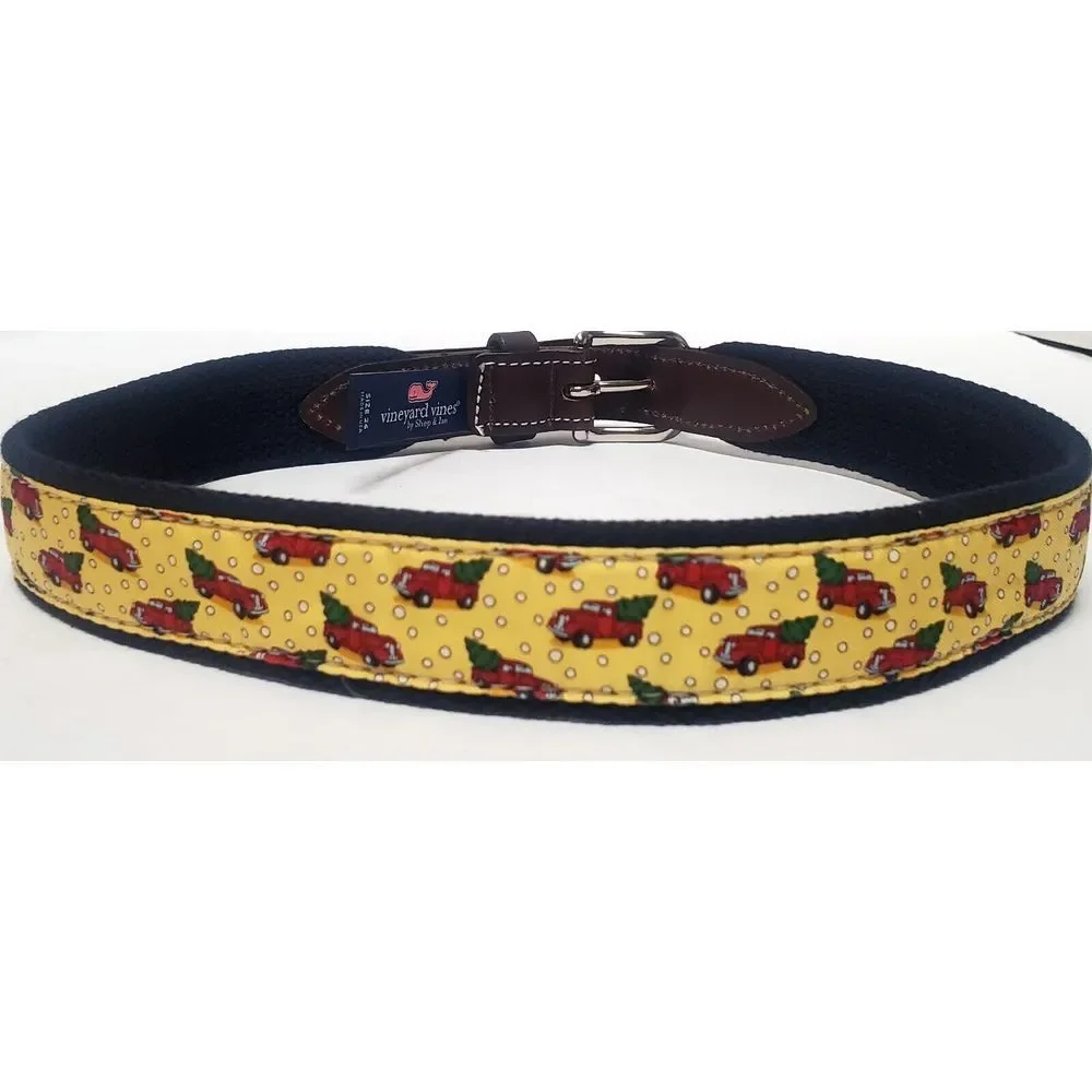 Vineyard Vines Belt 26 Little Red Truck Christmas Tree Yellow Print Snow Leather